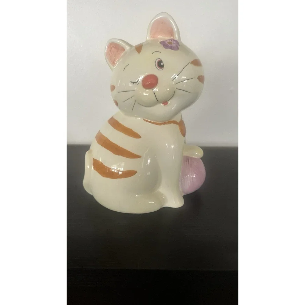 Ceramic Winking Striped Cat Piggy Bank Kitty Kitten Flower Yarn 12